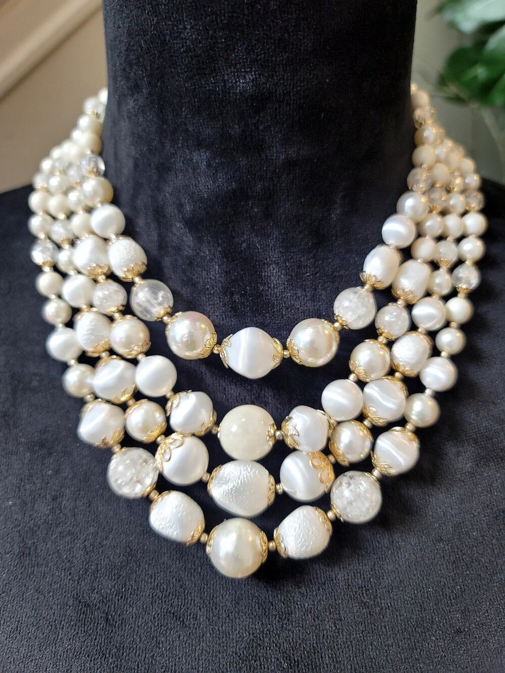 Chunky White Beaded Multi Strand Statement Necklace Pearl Look Bib Jewelry